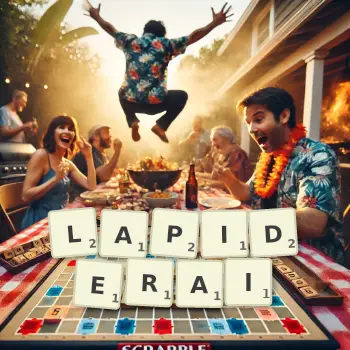 Illustration créative d'un jeu de lettres avec le mot LAPIDERAI épelé sur le plateau.