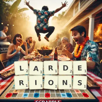 Illustration créative d'un jeu de lettres avec le mot LARDERIONS épelé sur le plateau.