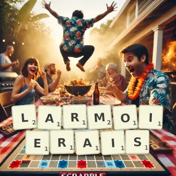 Illustration créative d'un jeu de lettres avec le mot LARMOIERAIS épelé sur le plateau.