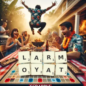 Illustration créative d'un jeu de lettres avec le mot LARMOYAT épelé sur le plateau.