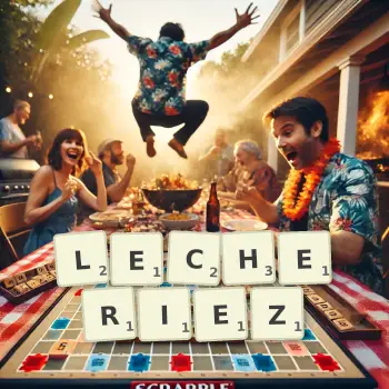 Illustration créative d'un jeu de lettres avec le mot LECHERIEZ épelé sur le plateau.