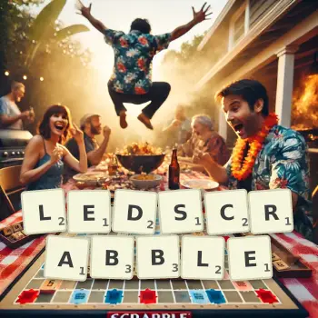 Illustration créative d'un jeu de lettres avec le mot LEDSCRABBLE épelé sur le plateau.