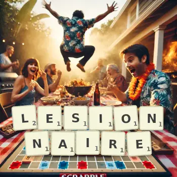 Illustration créative d'un jeu de lettres avec le mot LESIONNAIRE épelé sur le plateau.