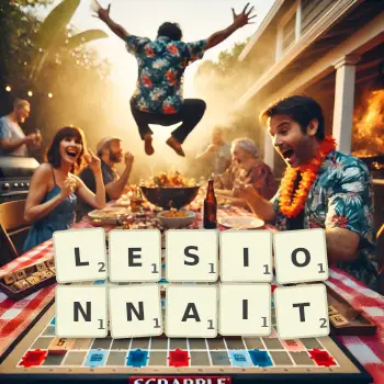 Illustration créative d'un jeu de lettres avec le mot LESIONNAIT épelé sur le plateau.