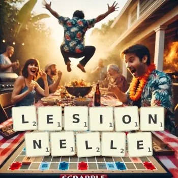 Illustration créative d'un jeu de lettres avec le mot LESIONNELLE épelé sur le plateau.