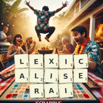 Illustration créative d'un jeu de lettres avec le mot LEXICALISERAI épelé sur le plateau.