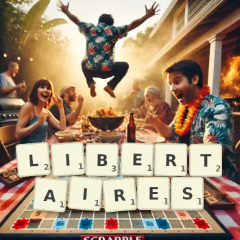 Illustration créative d'un jeu de lettres avec le mot LIBERTAIRES épelé sur le plateau.