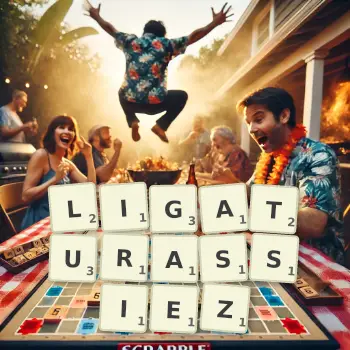 Illustration créative d'un jeu de lettres avec le mot LIGATURASSIEZ épelé sur le plateau.