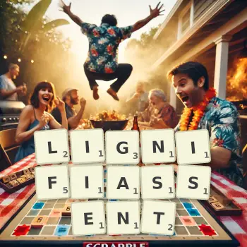 Illustration créative d'un jeu de lettres avec le mot LIGNIFIASSENT épelé sur le plateau.