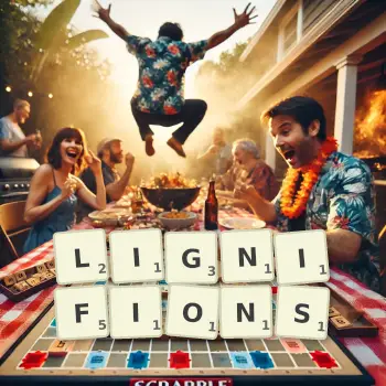 Illustration créative d'un jeu de lettres avec le mot LIGNIFIONS épelé sur le plateau.
