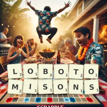 Illustration créative d'un jeu de lettres avec le mot LOBOTOMISONS épelé sur le plateau.