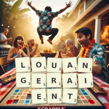 Illustration créative d'un jeu de lettres avec le mot LOUANGERAIENT épelé sur le plateau.