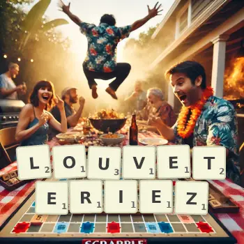 Illustration créative d'un jeu de lettres avec le mot LOUVETERIEZ épelé sur le plateau.