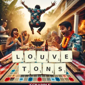 Illustration créative d'un jeu de lettres avec le mot LOUVETONS épelé sur le plateau.