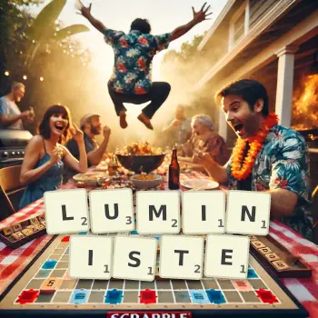 Illustration créative d'un jeu de lettres avec le mot LUMINISTE épelé sur le plateau.