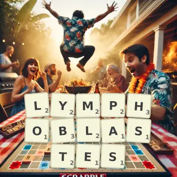 Illustration créative d'un jeu de lettres avec le mot LYMPHOBLASTES épelé sur le plateau.