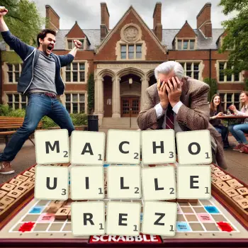 Illustration créative d'un jeu de lettres avec le mot MACHOUILLEREZ épelé sur le plateau.