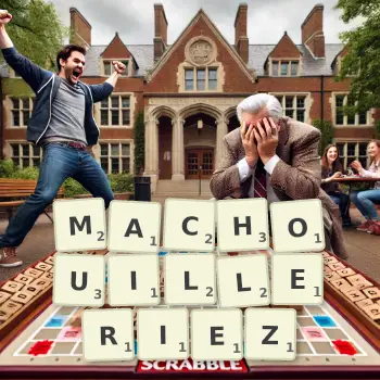 Illustration créative d'un jeu de lettres avec le mot MACHOUILLERIEZ épelé sur le plateau.