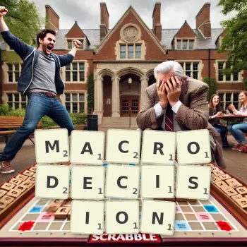 Illustration créative d'un jeu de lettres avec le mot MACRODECISION épelé sur le plateau.