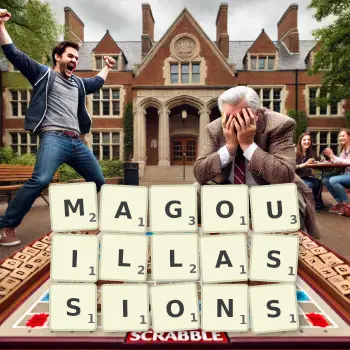 Illustration créative d'un jeu de lettres avec le mot MAGOUILLASSIONS épelé sur le plateau.