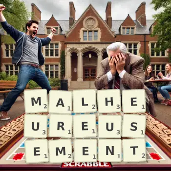 Illustration créative d'un jeu de lettres avec le mot MALHEUREUSEMENT épelé sur le plateau.