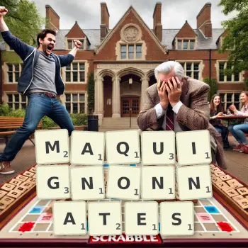 Illustration créative d'un jeu de lettres avec le mot MAQUIGNONNATES épelé sur le plateau.