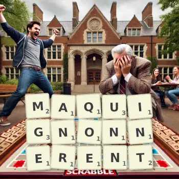 Illustration créative d'un jeu de lettres avec le mot MAQUIGNONNERENT épelé sur le plateau.