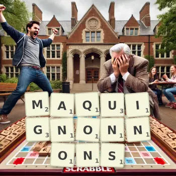 Illustration créative d'un jeu de lettres avec le mot MAQUIGNONNONS épelé sur le plateau.