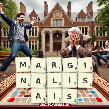 Illustration créative d'un jeu de lettres avec le mot MARGINALISAIS épelé sur le plateau.