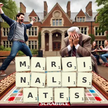 Illustration créative d'un jeu de lettres avec le mot MARGINALISATES épelé sur le plateau.