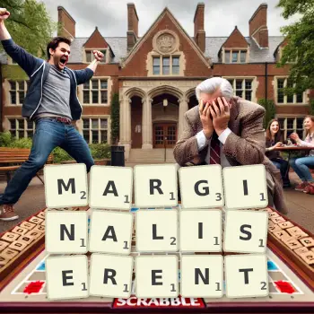 Illustration créative d'un jeu de lettres avec le mot MARGINALISERENT épelé sur le plateau.