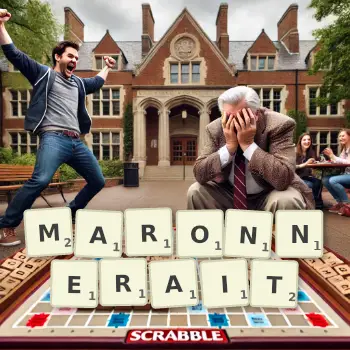 Illustration créative d'un jeu de lettres avec le mot MARONNERAIT épelé sur le plateau.