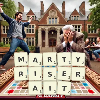 Illustration créative d'un jeu de lettres avec le mot MARTYRISERAIT épelé sur le plateau.