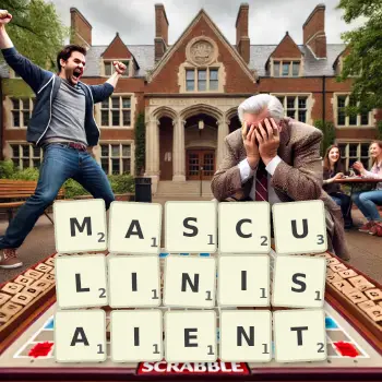 Illustration créative d'un jeu de lettres avec le mot MASCULINISAIENT épelé sur le plateau.