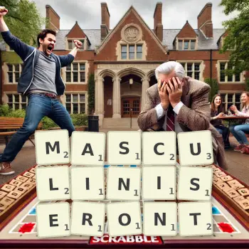 Illustration créative d'un jeu de lettres avec le mot MASCULINISERONT épelé sur le plateau.