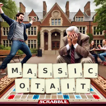 Illustration créative d'un jeu de lettres avec le mot MASSICOTAIT épelé sur le plateau.