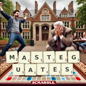 Illustration créative d'un jeu de lettres avec le mot MASTEGUATES épelé sur le plateau.