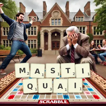 Illustration créative d'un jeu de lettres avec le mot MASTIQUAI épelé sur le plateau.