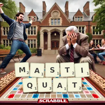 Illustration créative d'un jeu de lettres avec le mot MASTIQUAT épelé sur le plateau.