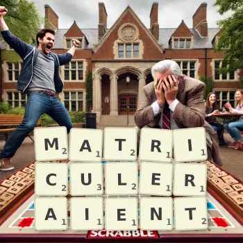 Illustration créative d'un jeu de lettres avec le mot MATRICULERAIENT épelé sur le plateau.