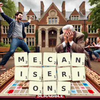 Illustration créative d'un jeu de lettres avec le mot MECANISERIONS épelé sur le plateau.