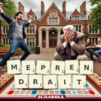 Illustration créative d'un jeu de lettres avec le mot MEPRENDRAIT épelé sur le plateau.