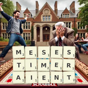 Illustration créative d'un jeu de lettres avec le mot MESESTIMERAIENT épelé sur le plateau.