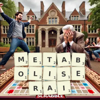 Illustration créative d'un jeu de lettres avec le mot METABOLISERAI épelé sur le plateau.