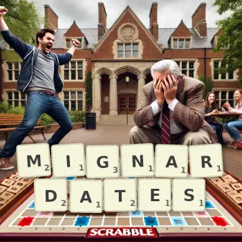 Illustration créative d'un jeu de lettres avec le mot MIGNARDATES épelé sur le plateau.