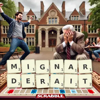 Illustration créative d'un jeu de lettres avec le mot MIGNARDERAIT épelé sur le plateau.