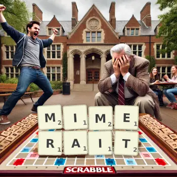 Illustration créative d'un jeu de lettres avec le mot MIMERAIT épelé sur le plateau.