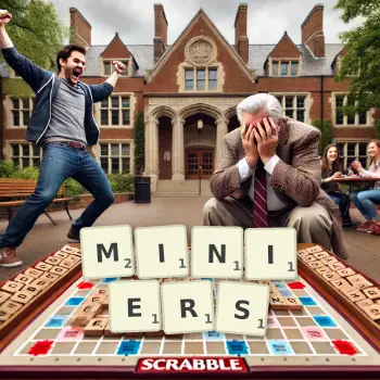 Illustration créative d'un jeu de lettres avec le mot MINIERS épelé sur le plateau.