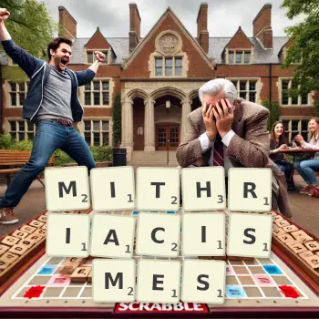 Illustration créative d'un jeu de lettres avec le mot MITHRIACISMES épelé sur le plateau.