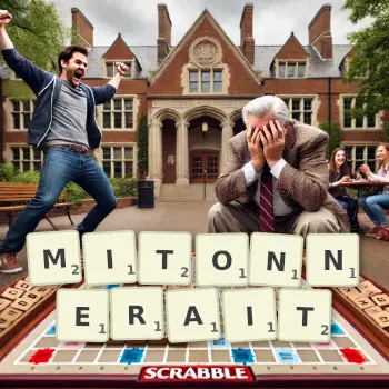 Illustration créative d'un jeu de lettres avec le mot MITONNERAIT épelé sur le plateau.